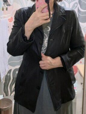Danier | Vintage Women Black Leather Coat for Between Seasons